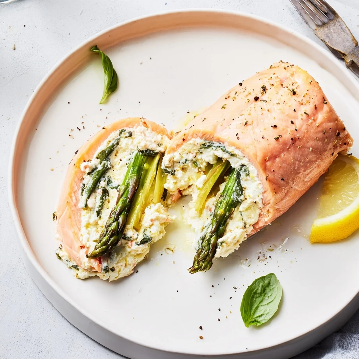 Baked Asparagus Lemon Basil Ricotta Stuffed Salmon Rolls arranged on parchment, basil garnish