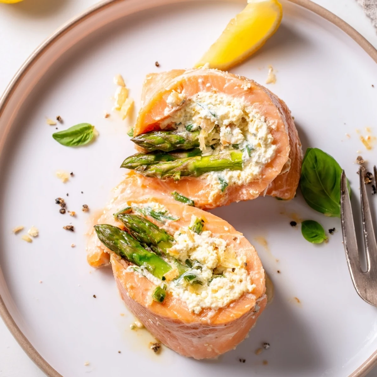 Tender Asparagus Lemon Basil Ricotta Stuffed Salmon Rolls revealing creamy lemon-basil filling