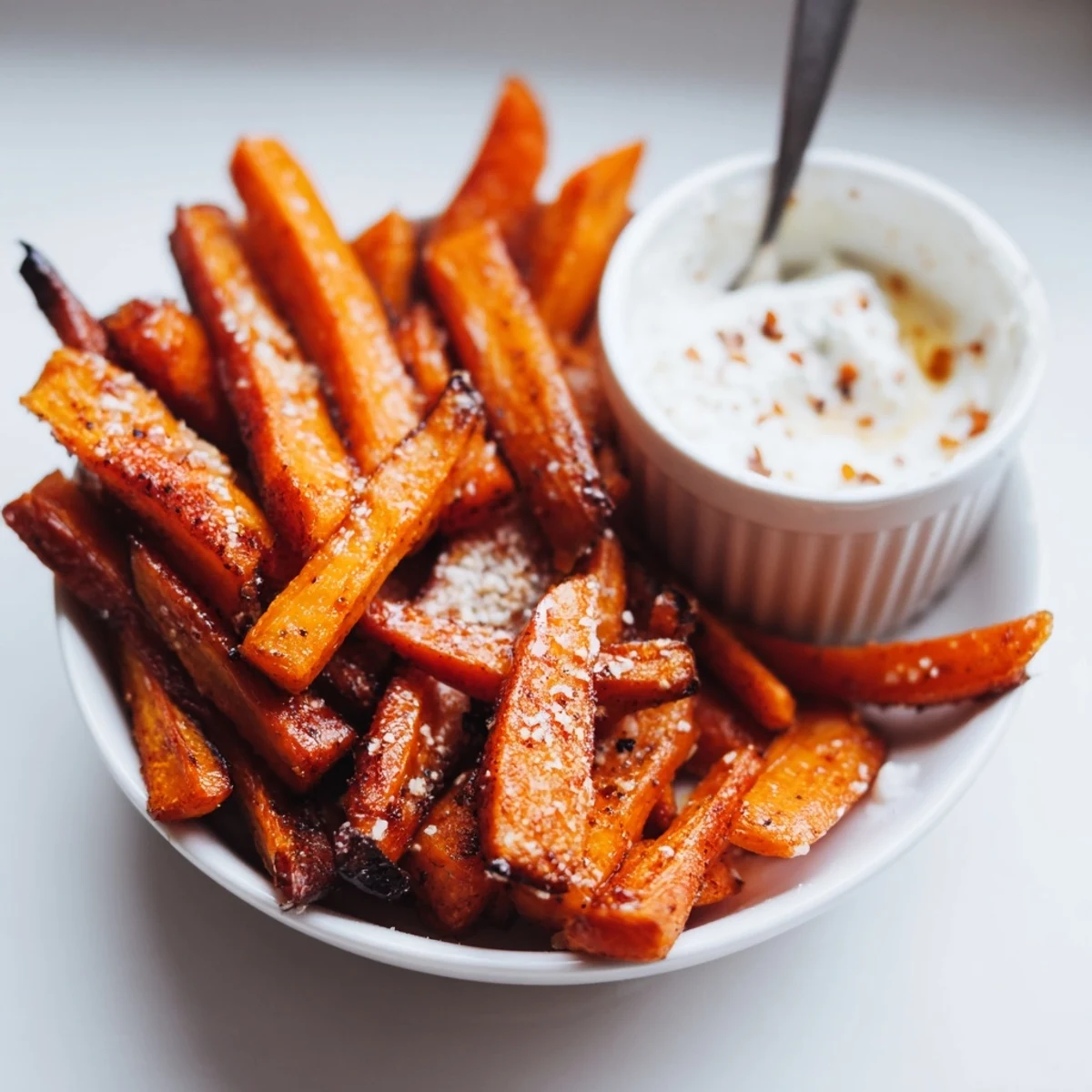 Crispy Carrot Fries With Feta Dip Spicy Honey Drizzle on platter, golden and sticky