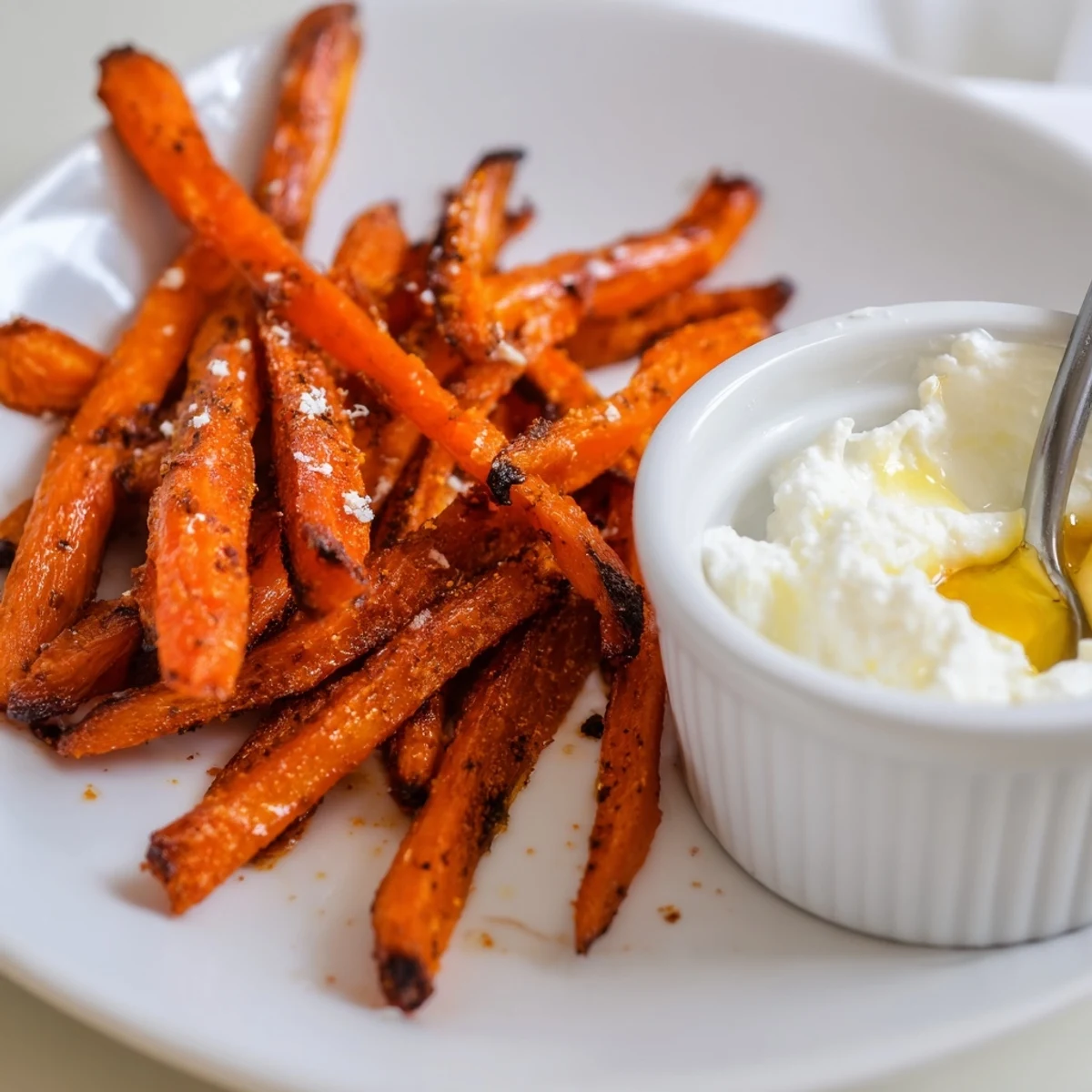 Warm Crispy Carrot Fries With Feta Dip Spicy Honey Drizzle, smoky paprika edges