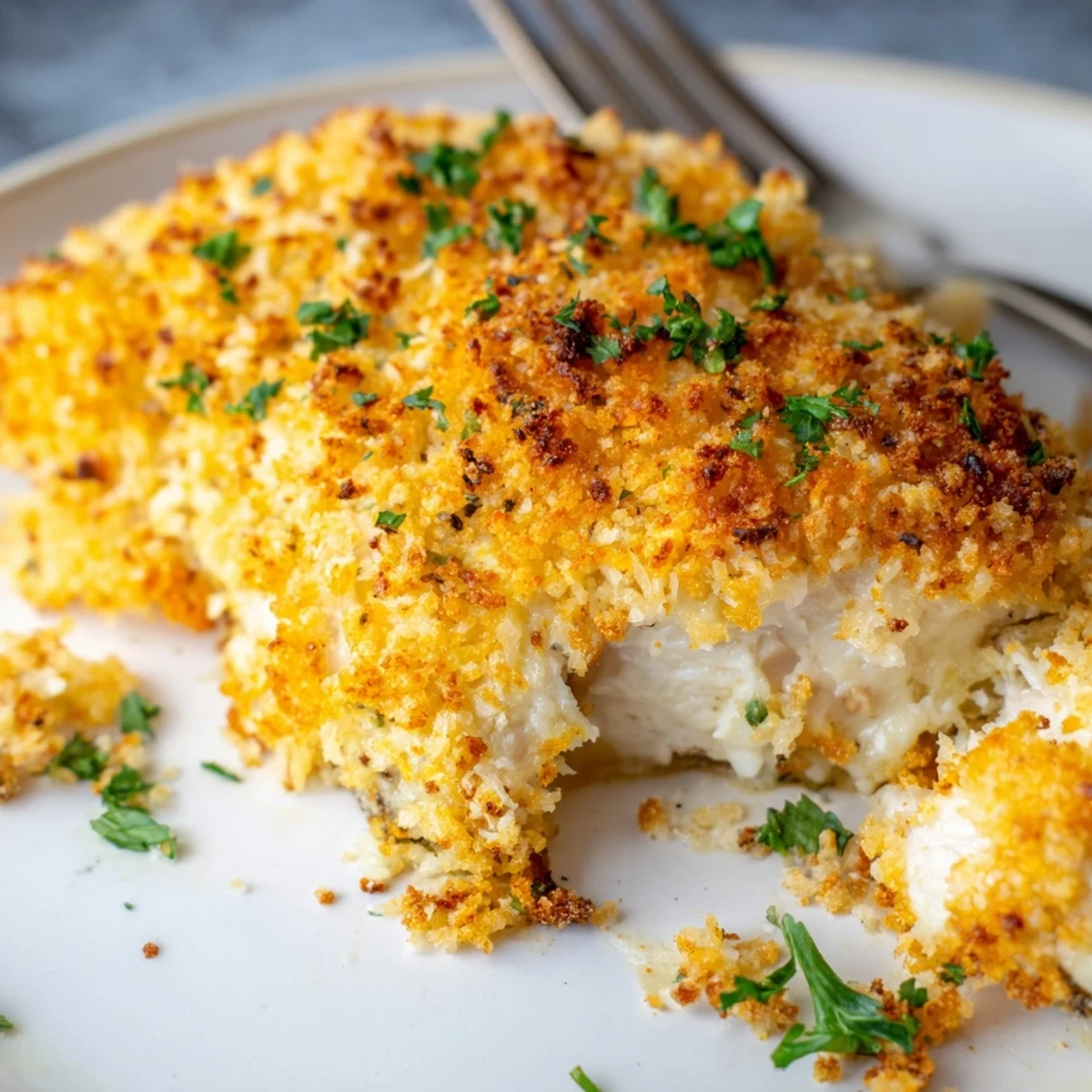 Golden topped Garlic Parmesan Chicken Bake steaming in a baking dish  