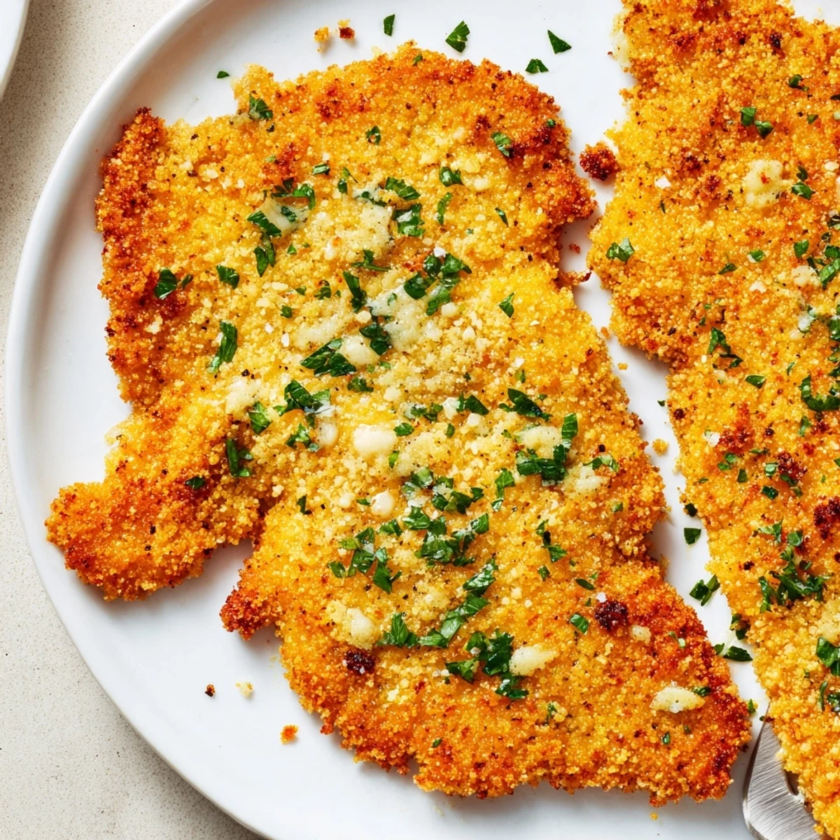 Creamy garlic topping on Garlic Parmesan Chicken Bake, crisp breadcrumb crust  