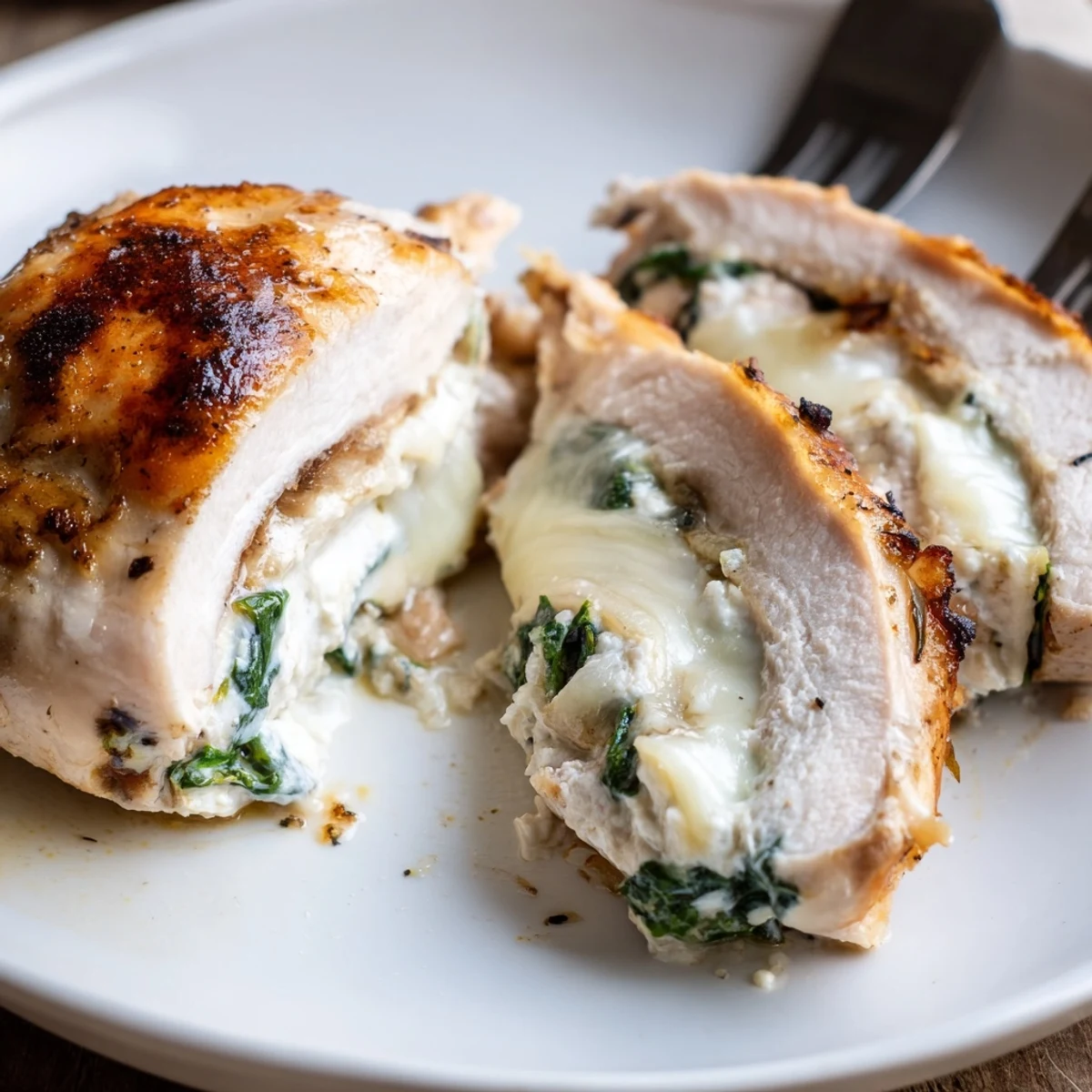 Spinach Ricotta Chicken stuffed and baked, bubbling mozzarella atop golden breasts