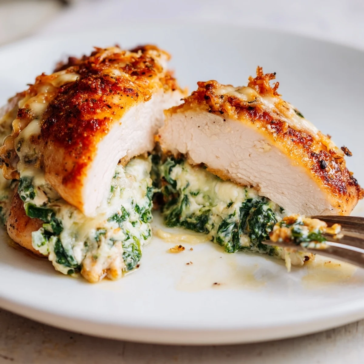 Juicy Spinach Ricotta Chicken seared, oven-roasted, served with crisp green salad
