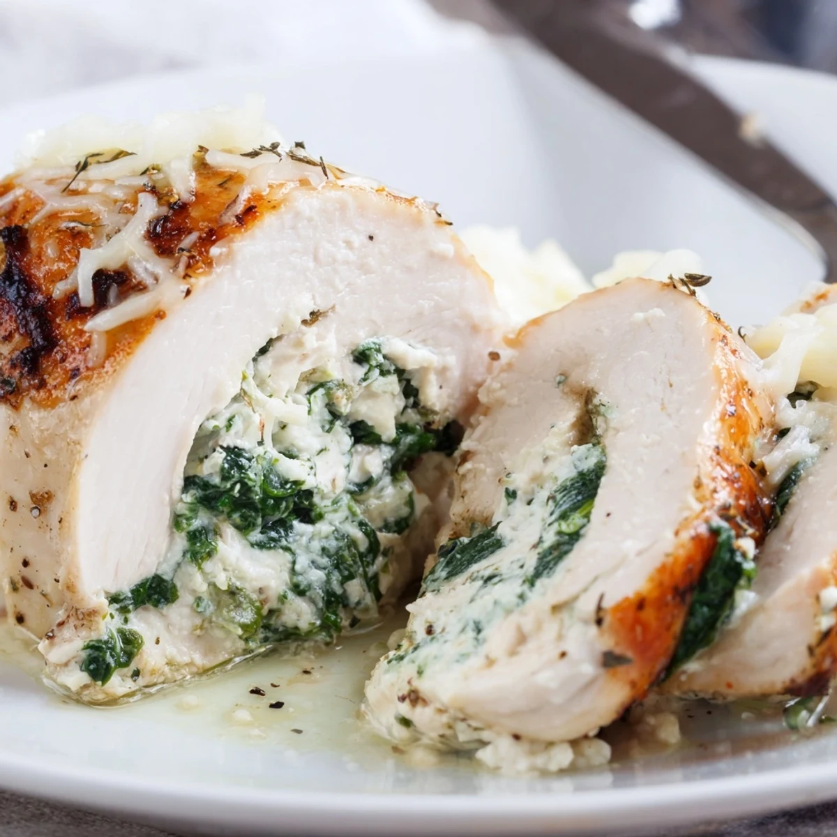 Creamy Spinach Ricotta Chicken with aromatic garlic filling, resting before slicing