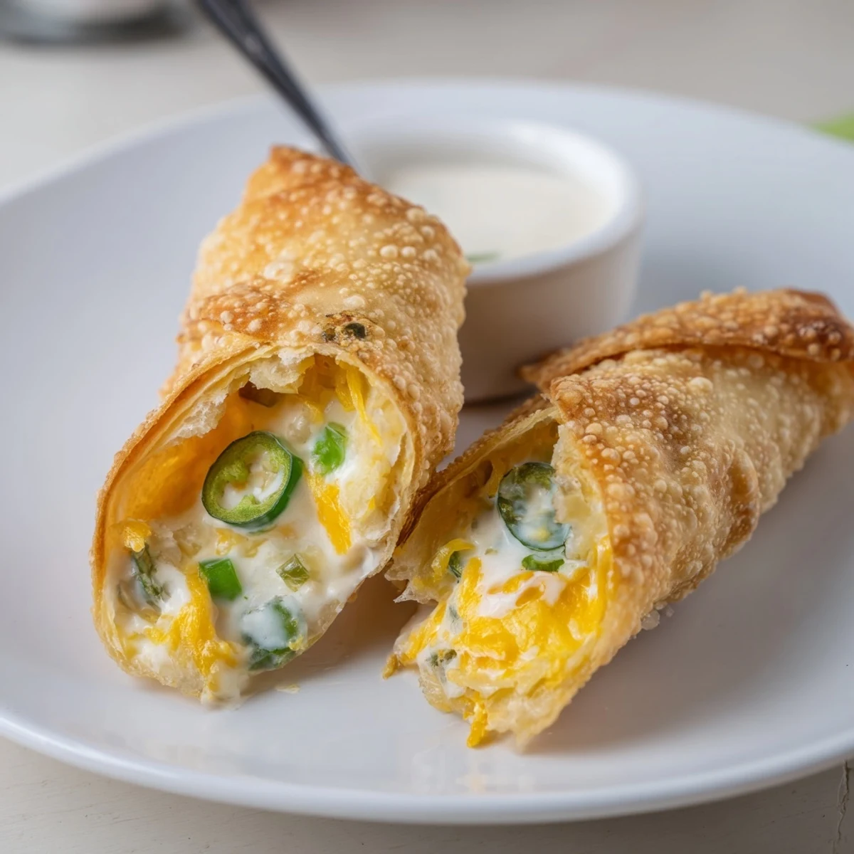 Piled on plate, Crispy Jalapeno Popper Egg Rolls paired with cool ranch