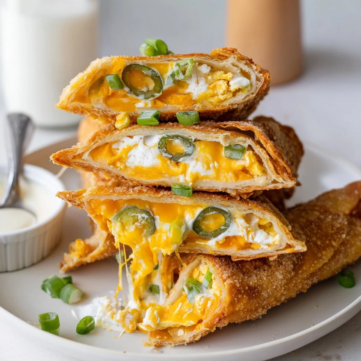 Golden fried Crispy Jalapeno Popper Egg Rolls oozing cheddar, ideal for game day appetizers