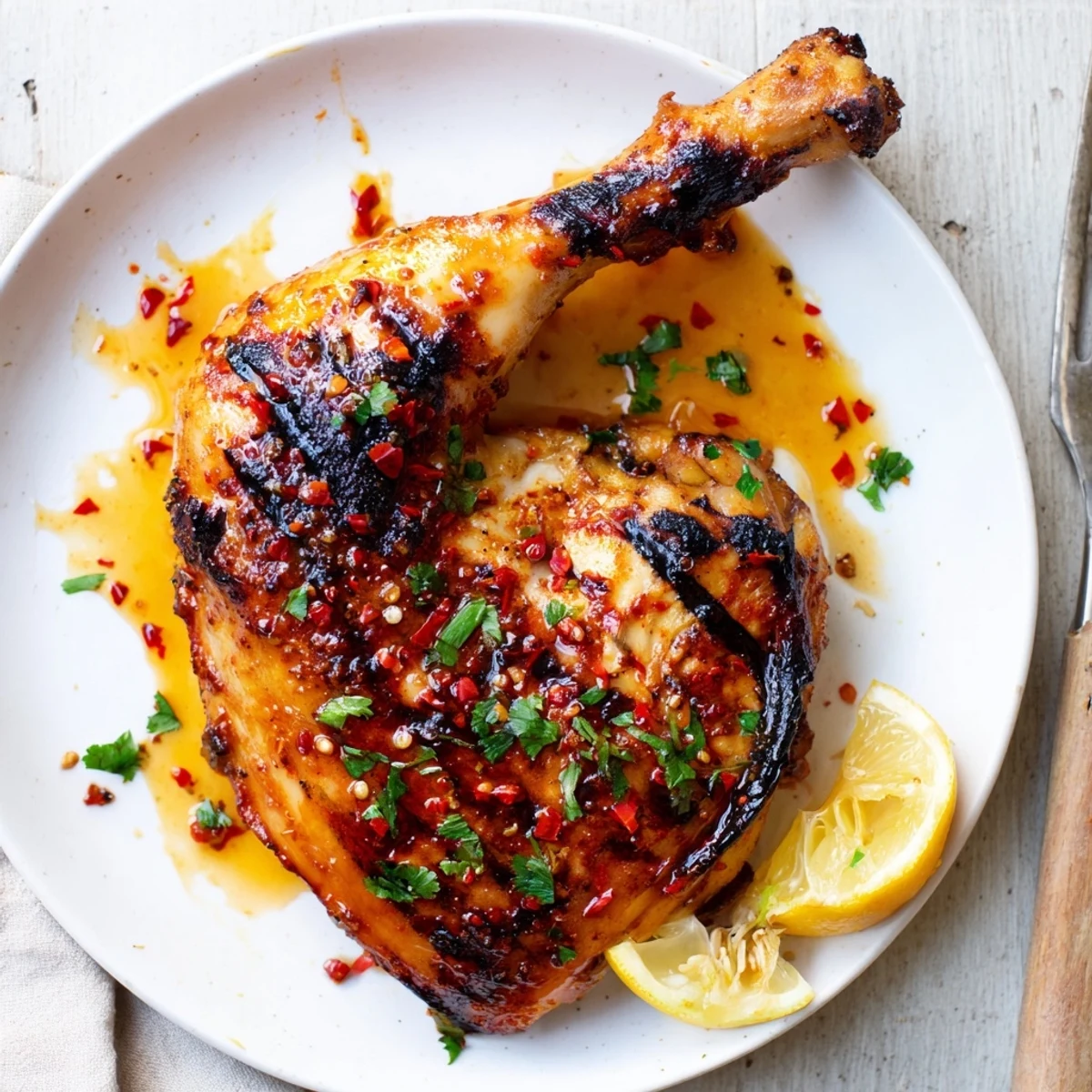 Peri Peri Chicken with charred crispy skin, vibrant sauce and lemon wedges