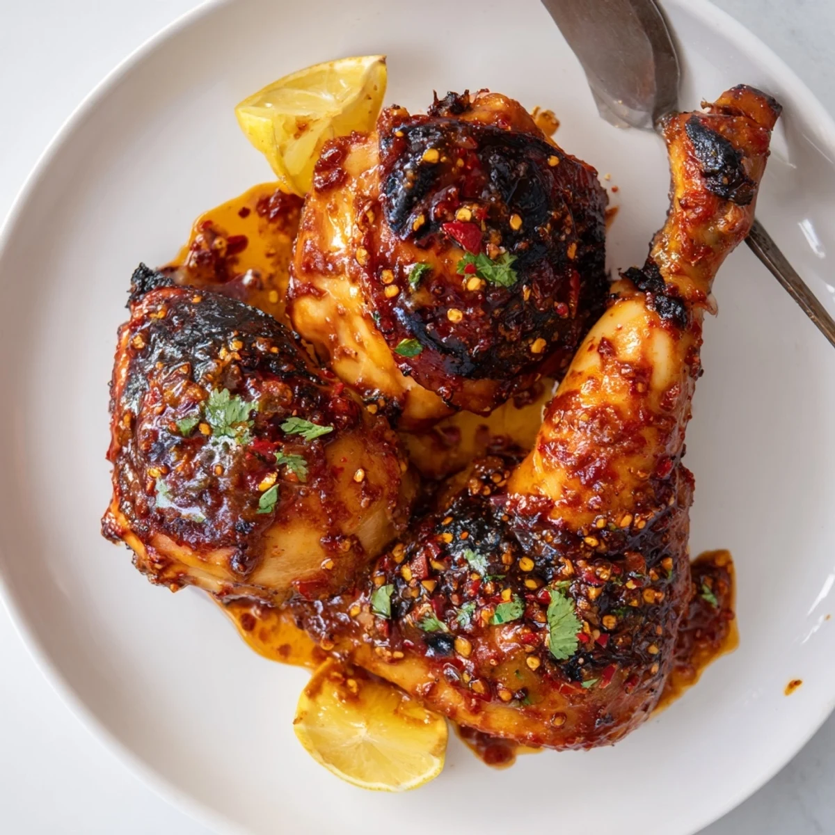 Grilled Peri Peri Chicken resting on plate, cilantro garnish and citrus