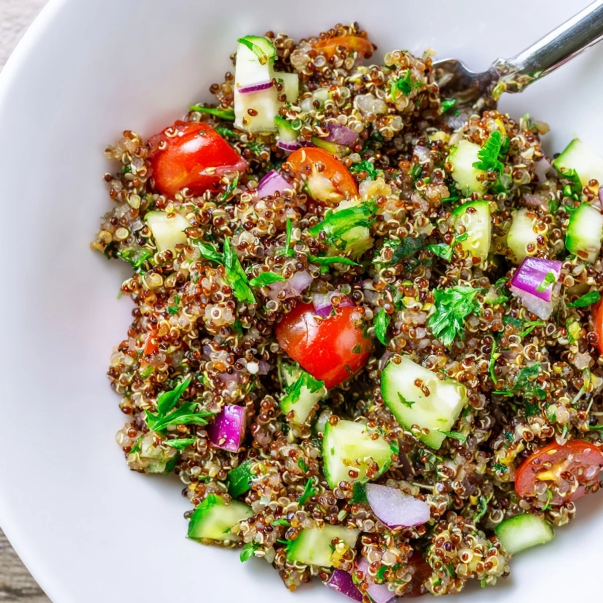 Favorite Quinoa Salad Recipe displayed in bowl, bright tomatoes and lemony dressing