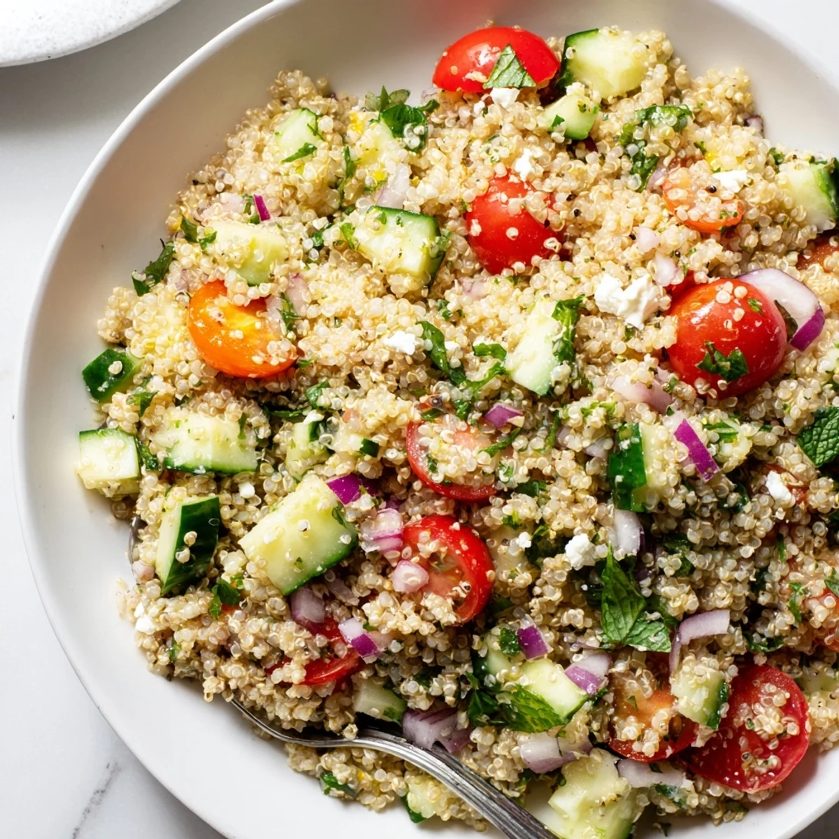 Picnic-ready Favorite Quinoa Salad Recipe tossed gently, zesty lemon aroma and herbs