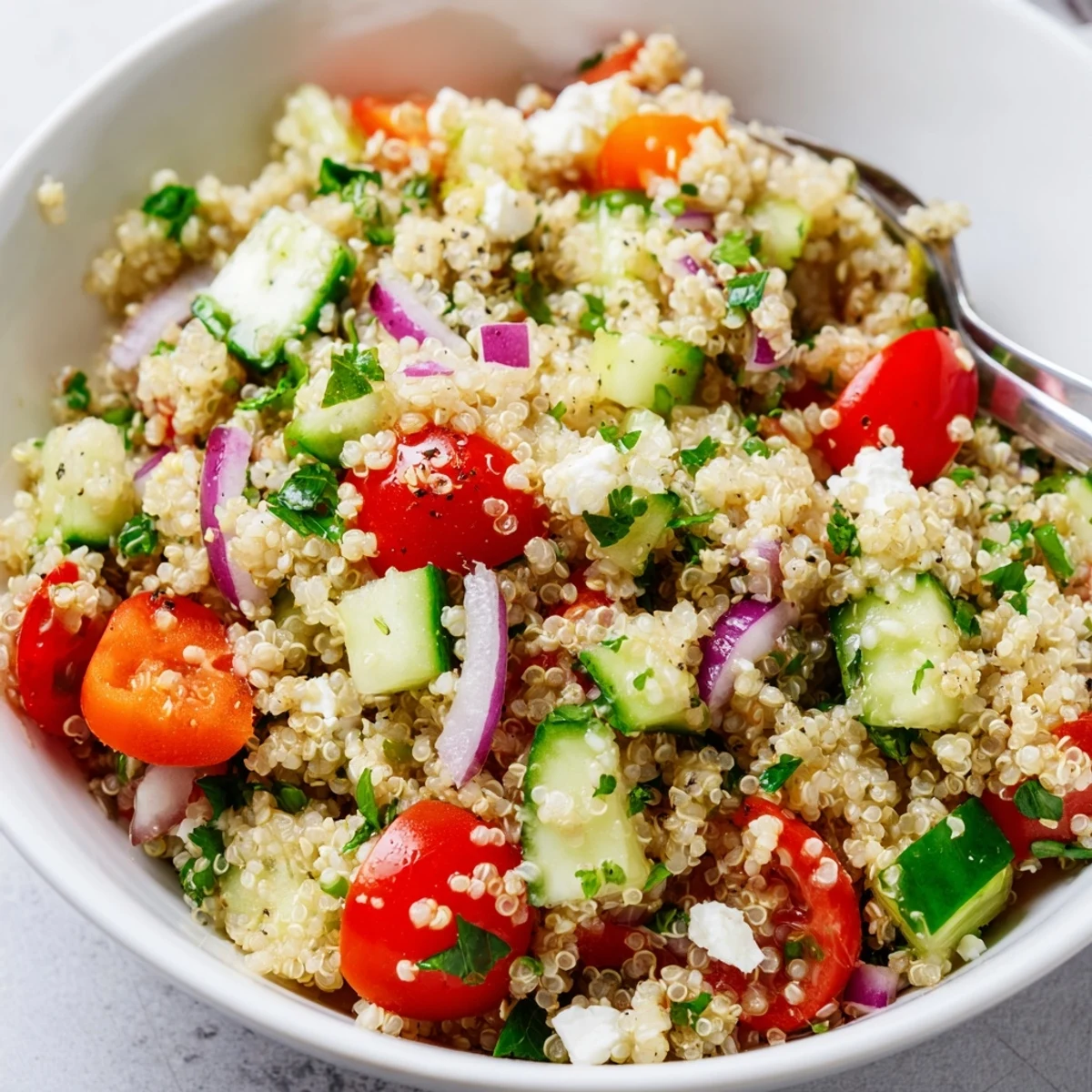 Chilled Favorite Quinoa Salad Recipe with feta crumbles, crisp cucumber, fragrant mint