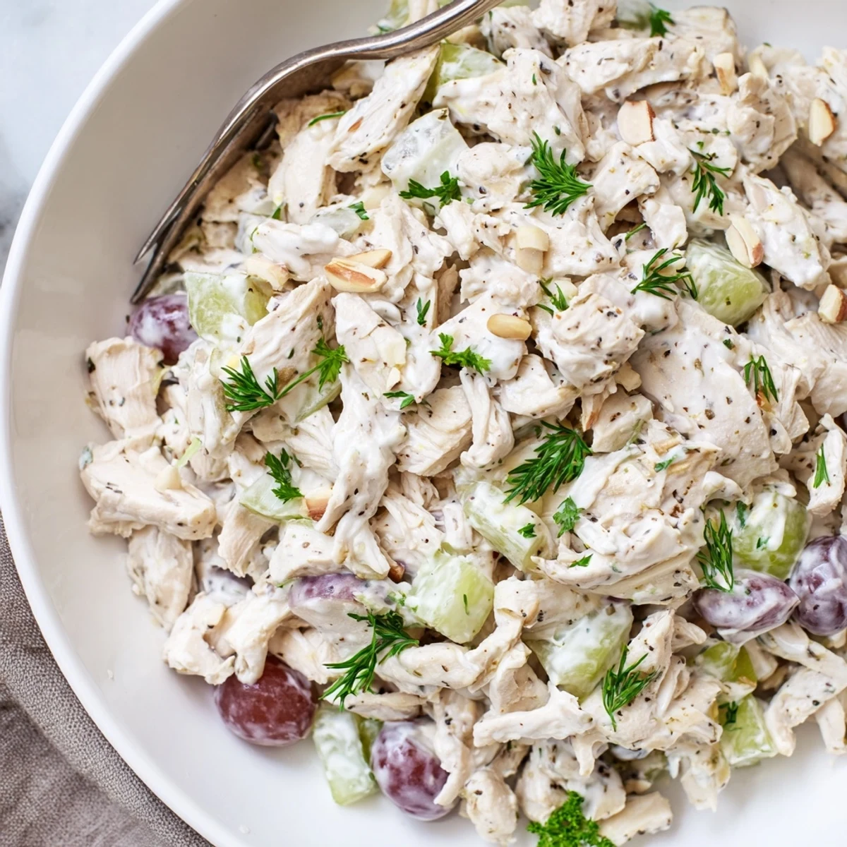 Creamy Healthy Greek Yogurt Chicken Salad Recipe with crisp celery and grapes