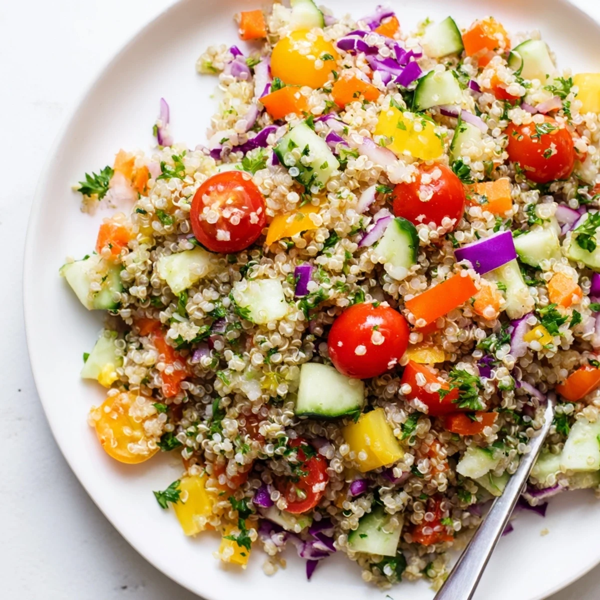 Glistening Rainbow Quinoa Salad With Lemon Dressing, citrusy and ready to serve