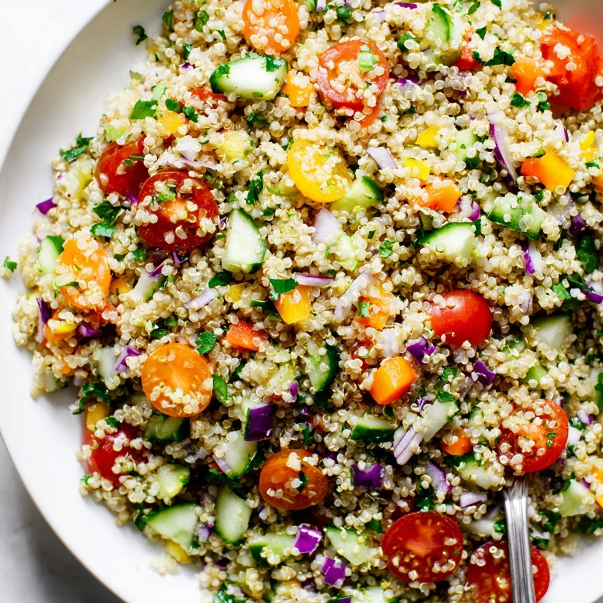 Rainbow Quinoa Salad With Lemon Dressing tossed with crunchy veggies and fresh parsley