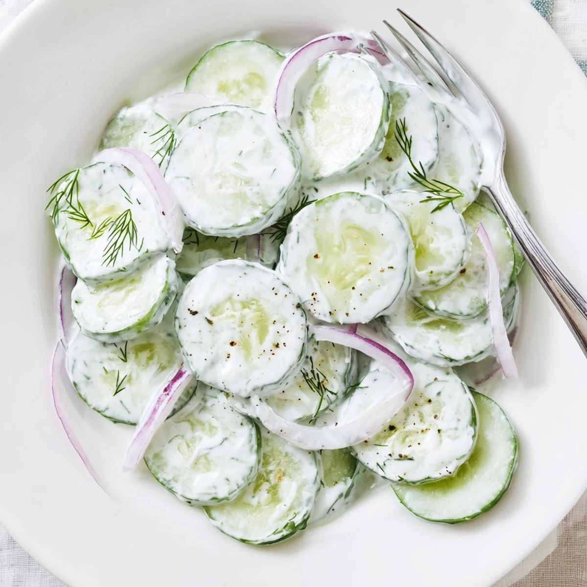 Chilled Tzatziki Cucumber Salad tossed with crisp red onion and garlic