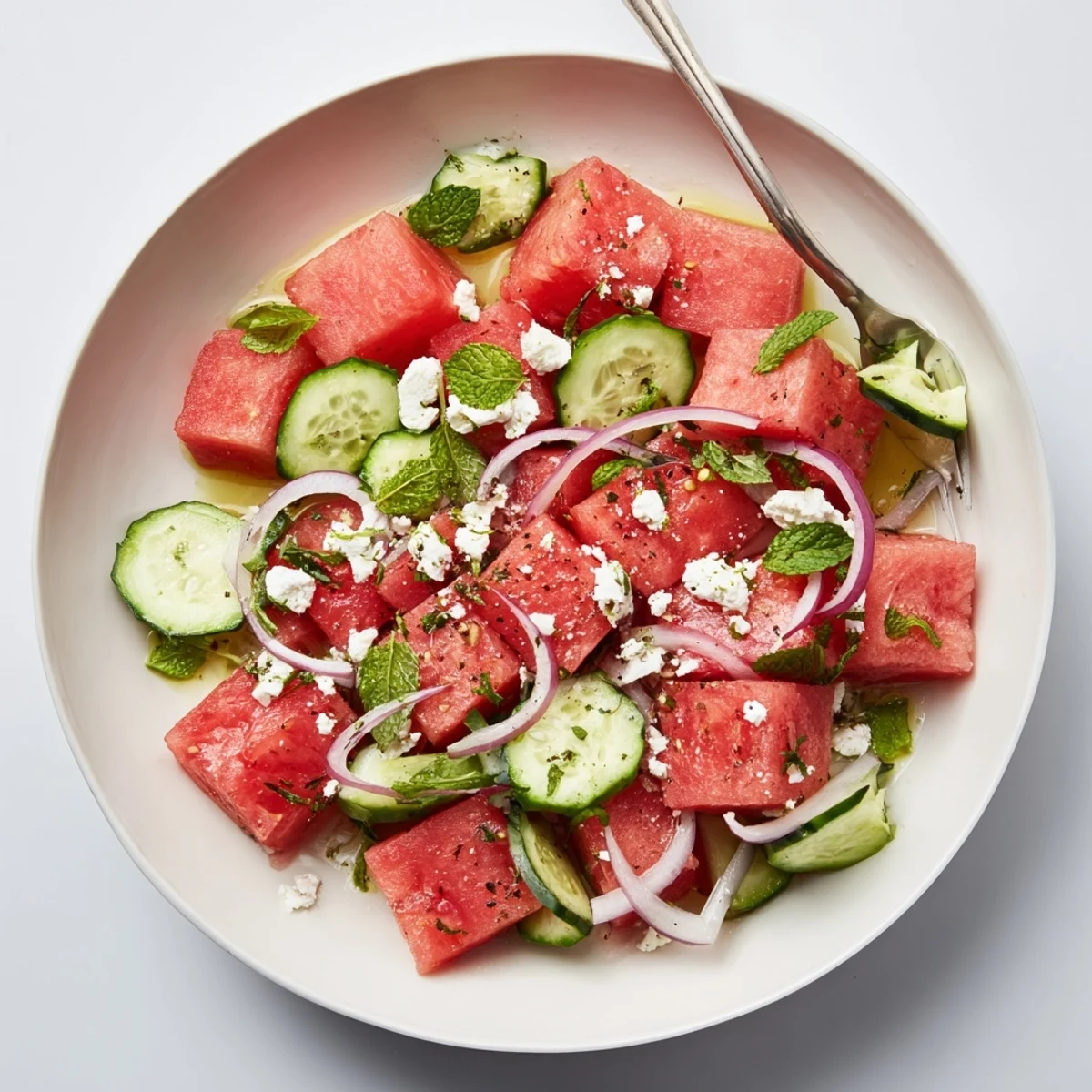 Watermelon Feta Salad with mint and crisp cucumber, ideal picnic side.