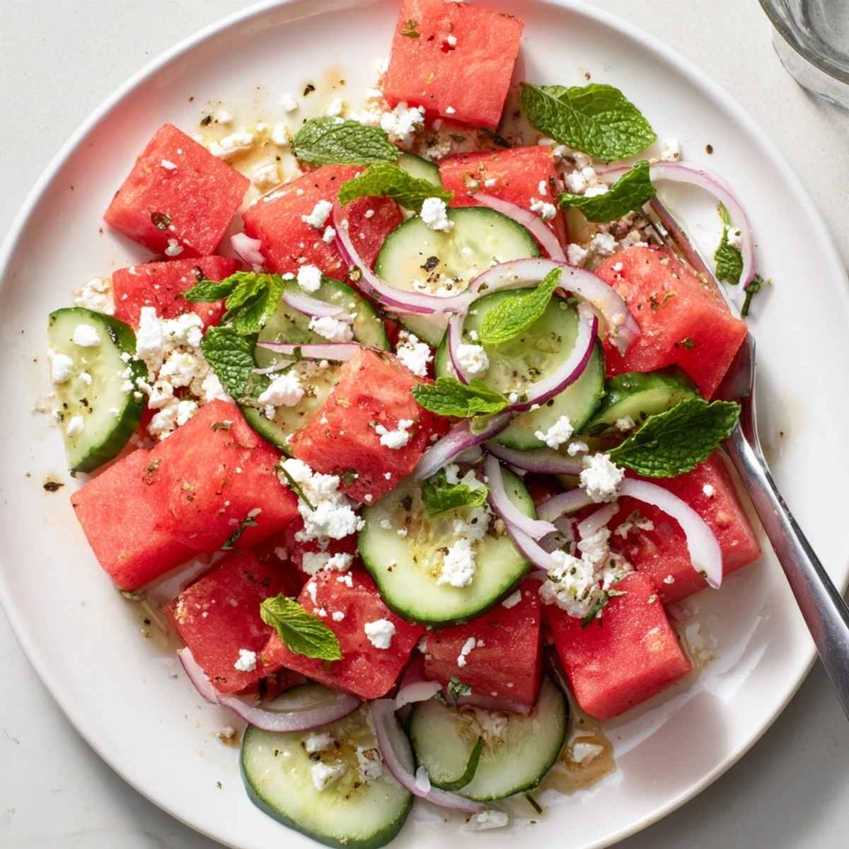 Bright Watermelon Feta Salad tossed in lime-honey dressing, served chilled.