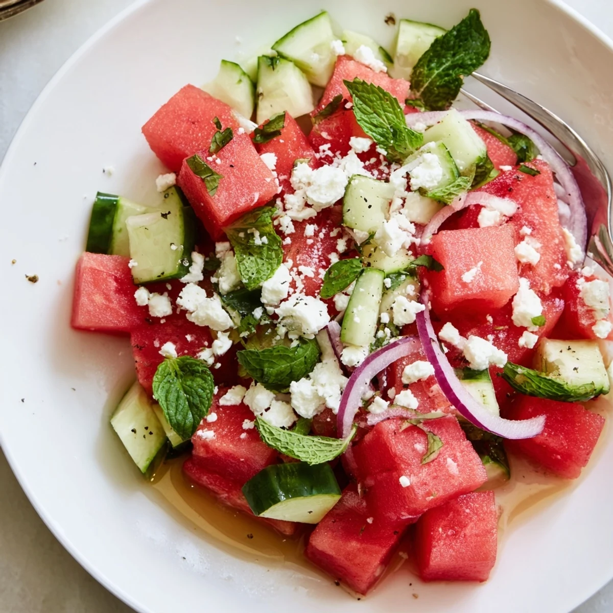 A vibrant Watermelon Feta Salad topped with toasted pine nuts for crunch.