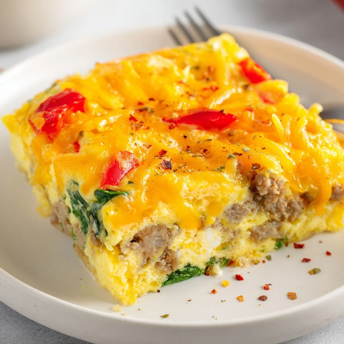 High Protein Egg Casserole Recipe steaming, golden top with melted cheddar, sliced