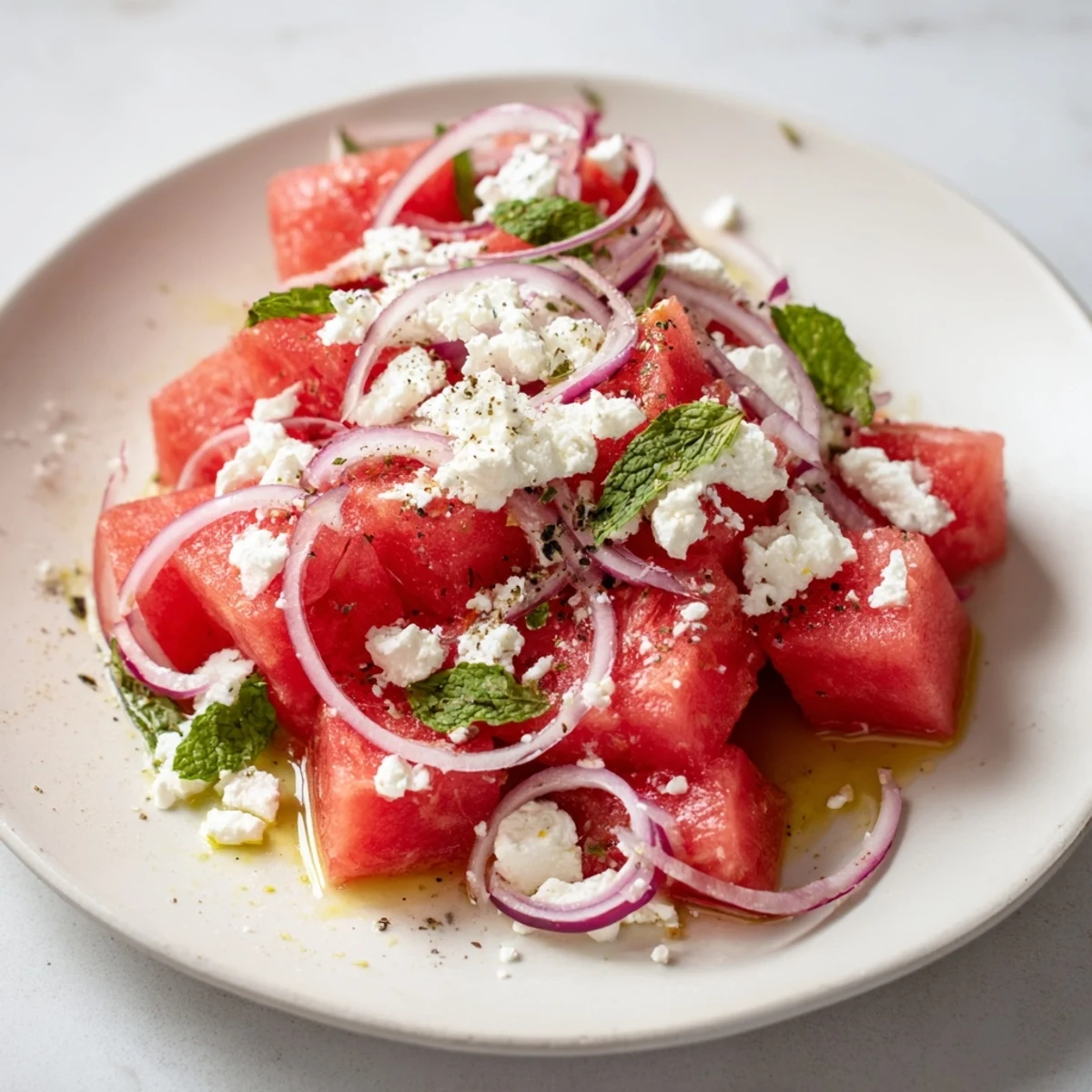 Chilled Watermelon Salad With Feta And Mint, juicy cubes and bright lime drizzle.
