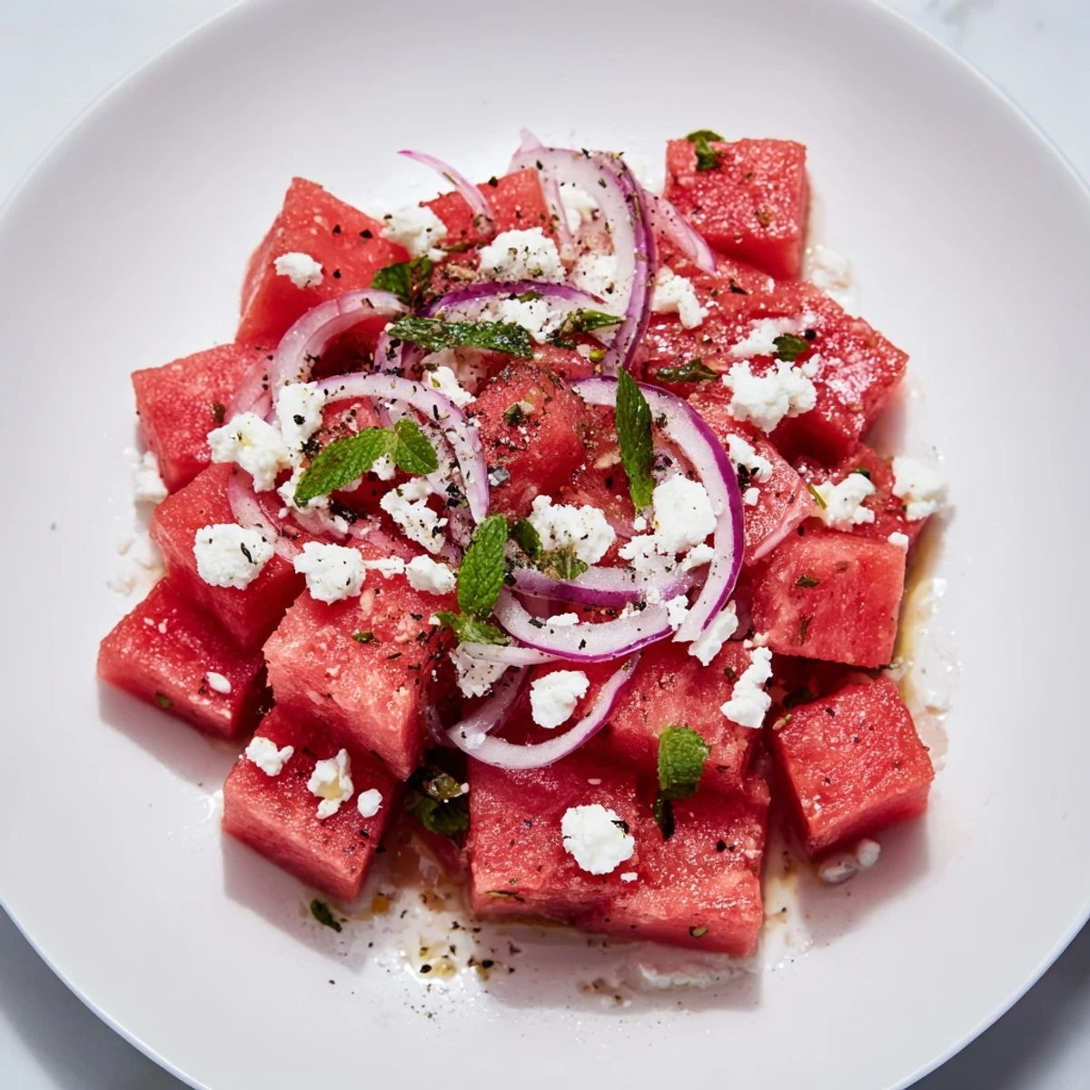 Bright Watermelon Salad With Feta And Mint, crunchy red onion, toasted pumpkin seeds.
