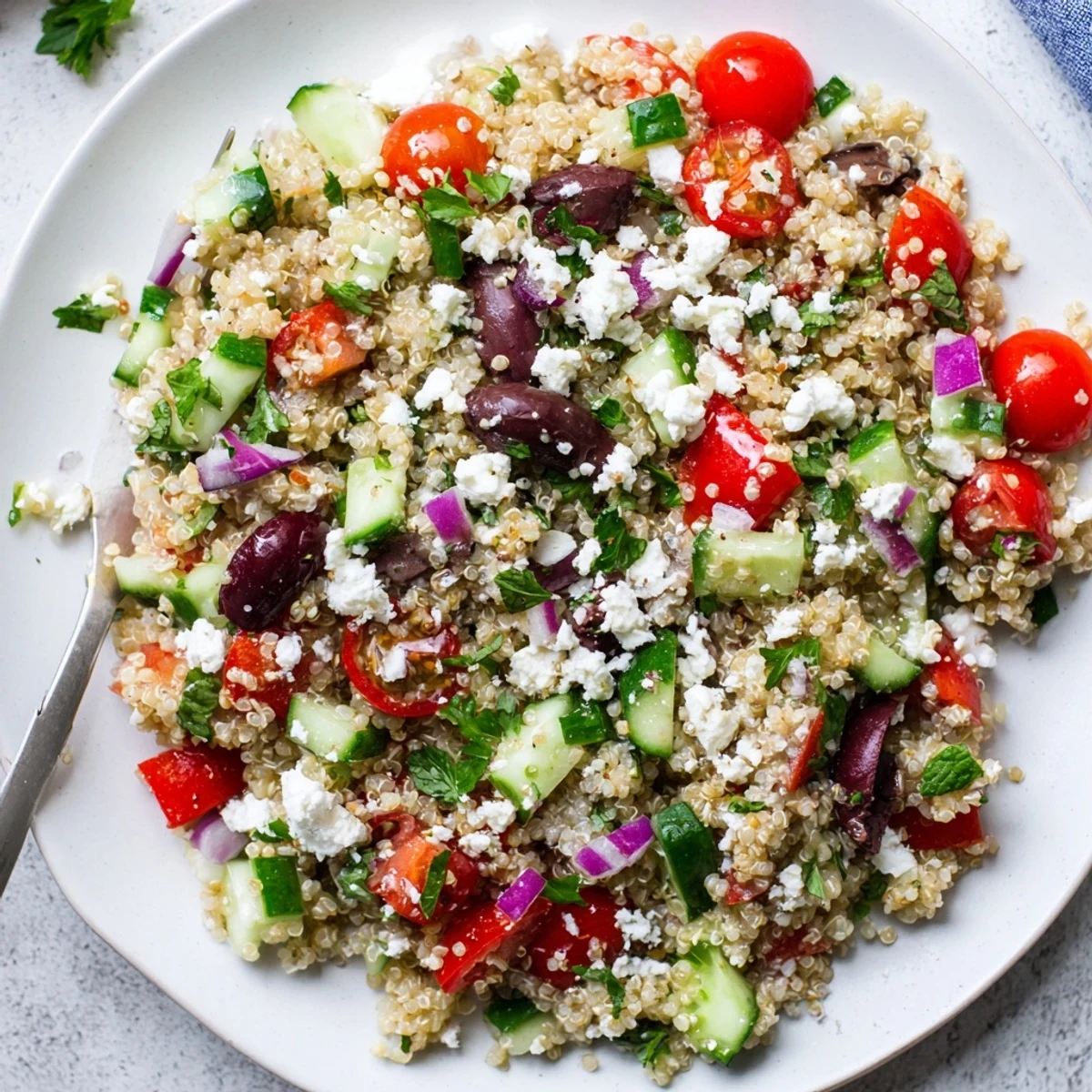 Greek Quinoa Salad Recipe with bright tomatoes, cucumber, feta, chilled and tossed