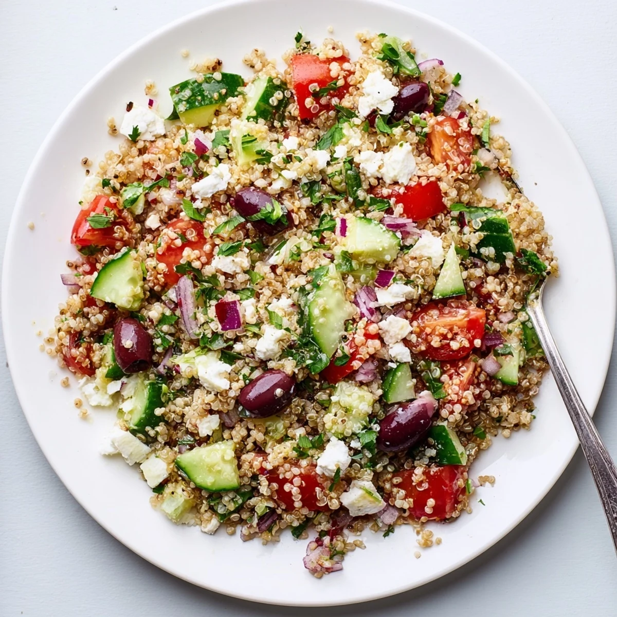 A lemony Greek Quinoa Salad Recipe served in bowl with parsley garnish