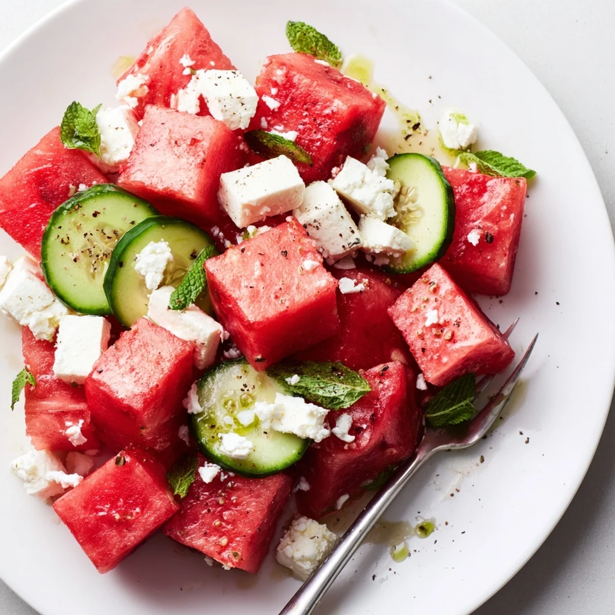 Bright Watermelon Feta And Mint Salad Recipe served chilled with cracked pepper