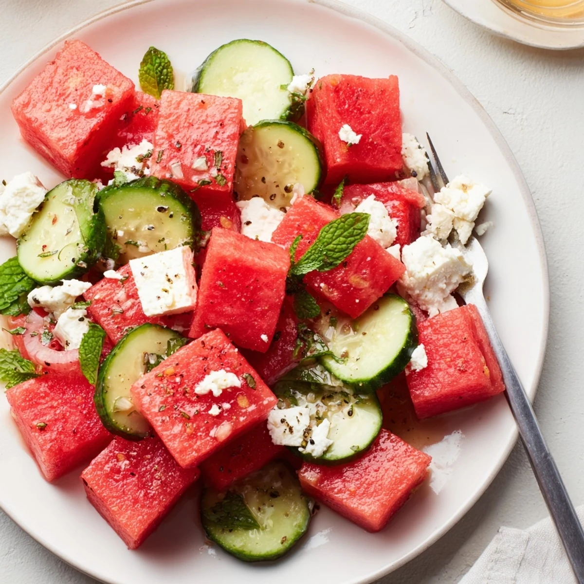 Summer ready Watermelon Feta And Mint Salad Recipe tossed in lime and olive dressing