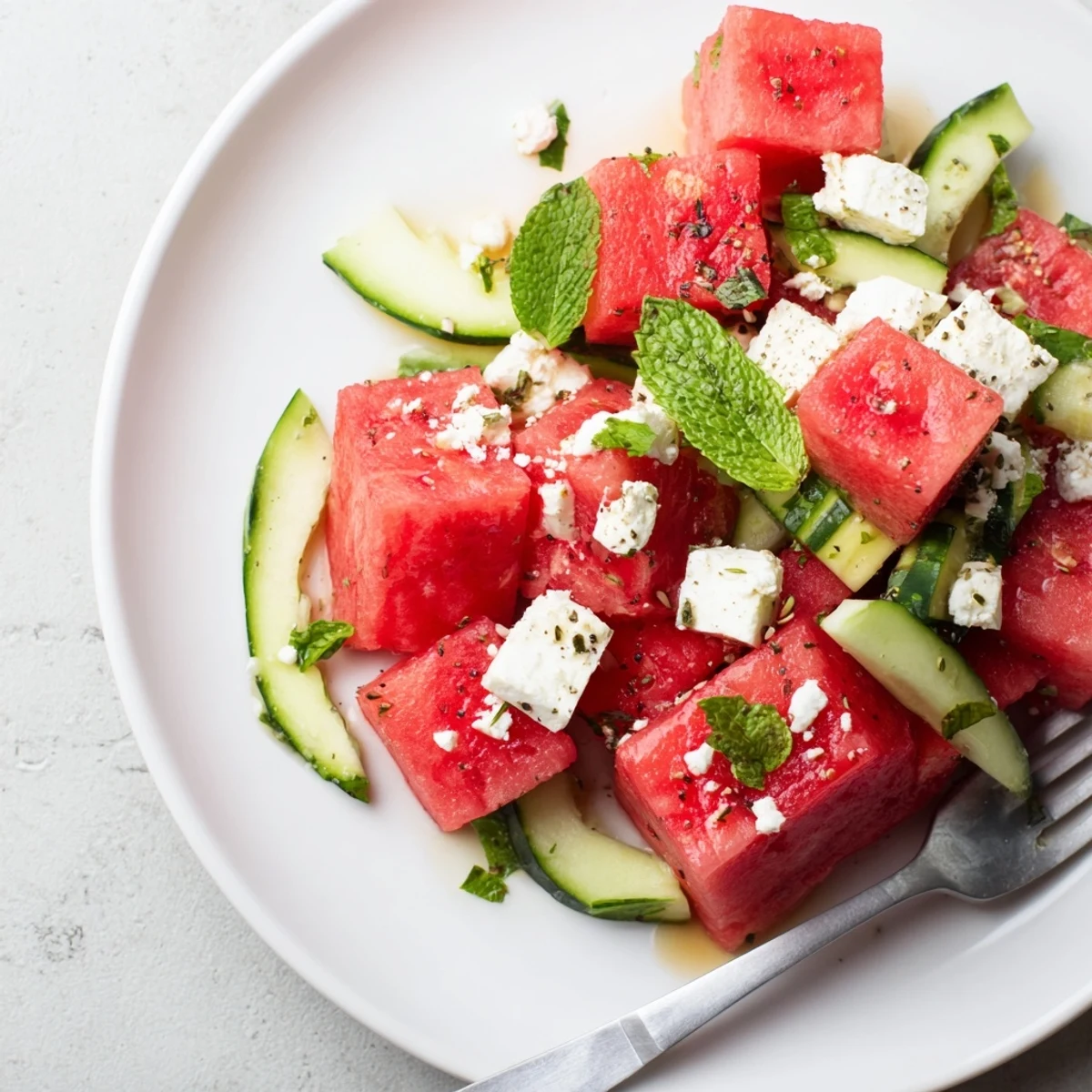 Watermelon Feta And Mint Salad Recipe plated beside chilled rosé, bright colors