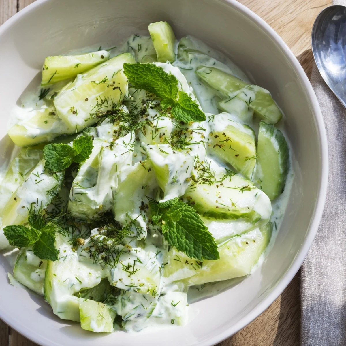 Fresh Greek yogurt cucumber salad featuring crisp sliced cucumbers in a creamy herb dressing with dill and red onion.