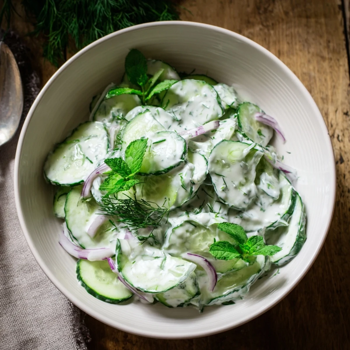 Greek yogurt cucumber salad displaying crisp cucumber rounds coated in tangy yogurt dressing and garnished with fragrant green herbs.