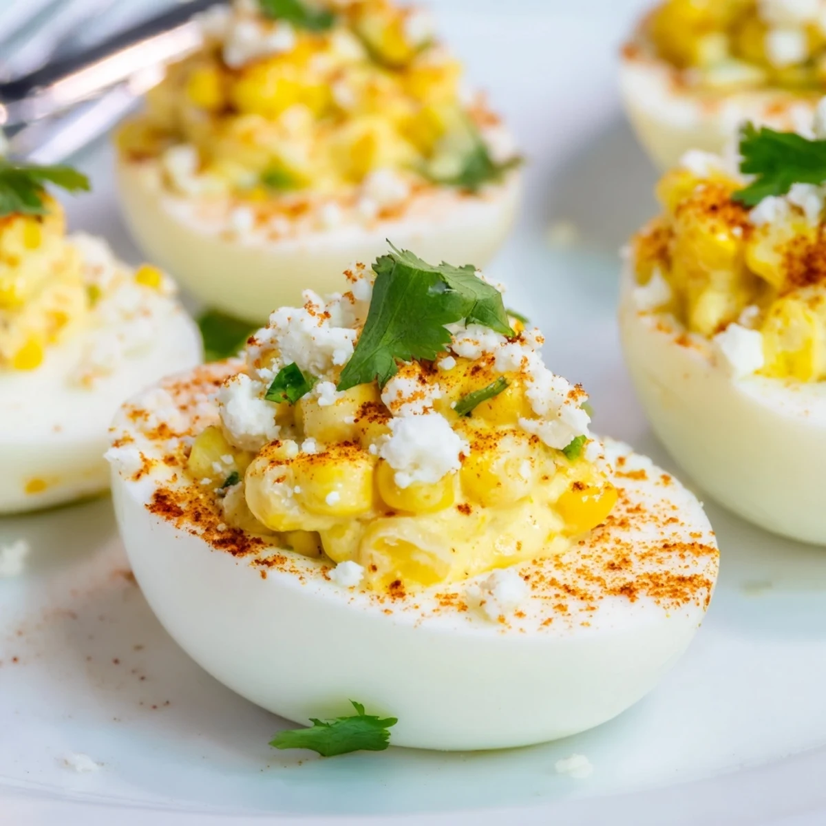 Creamy Mexican street corn deviled eggs topped with crumbled cotija cheese and fresh cilantro garnish