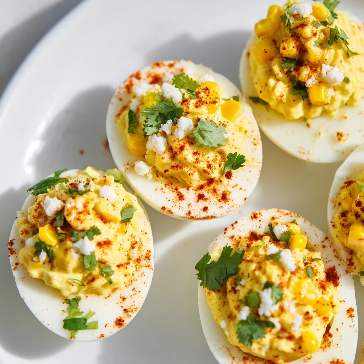 Golden deviled eggs filled with charred corn mixture and sprinkled with chili powder and lime