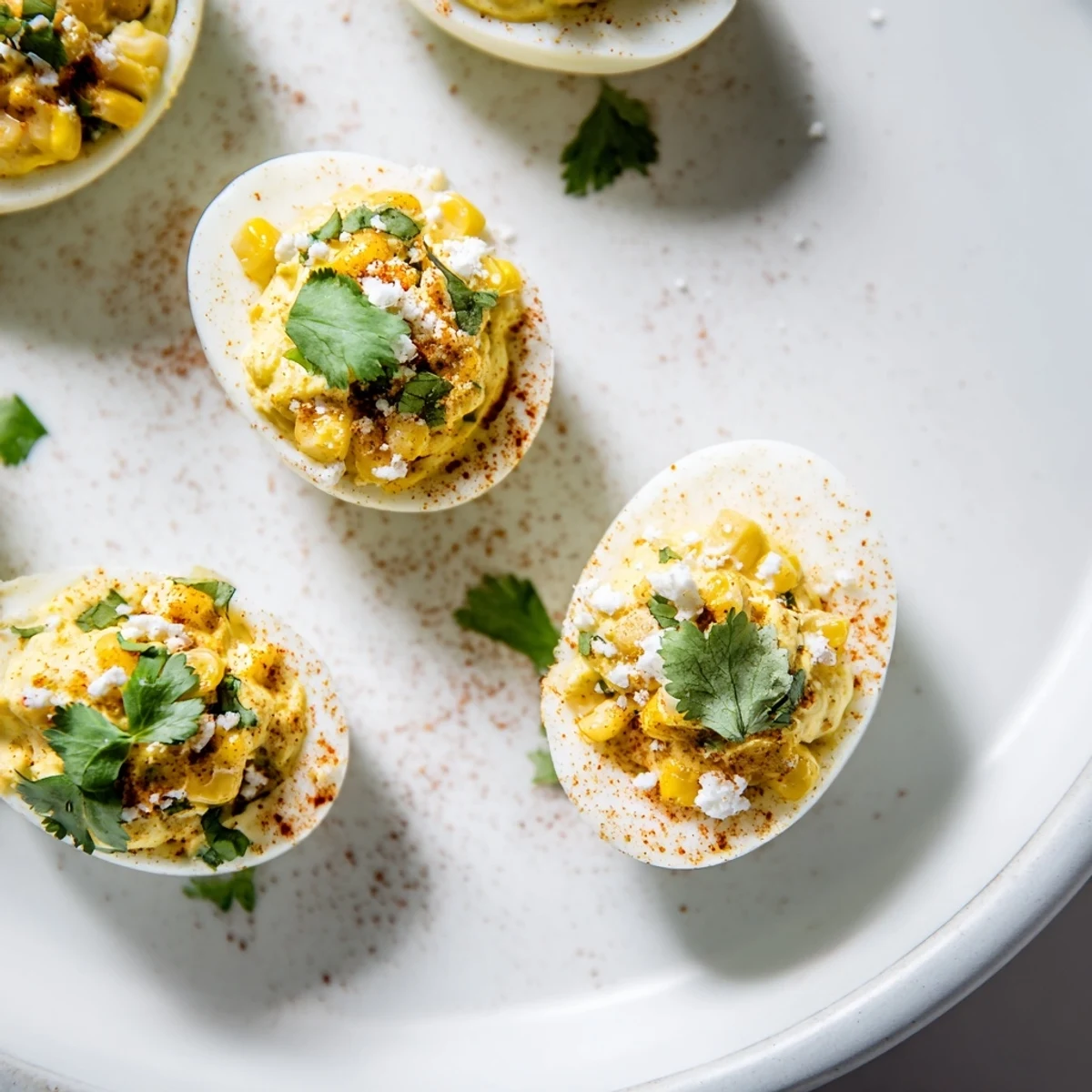 Zesty appetizer platter featuring elote-style deviled eggs with smoky paprika and tangy lime accents