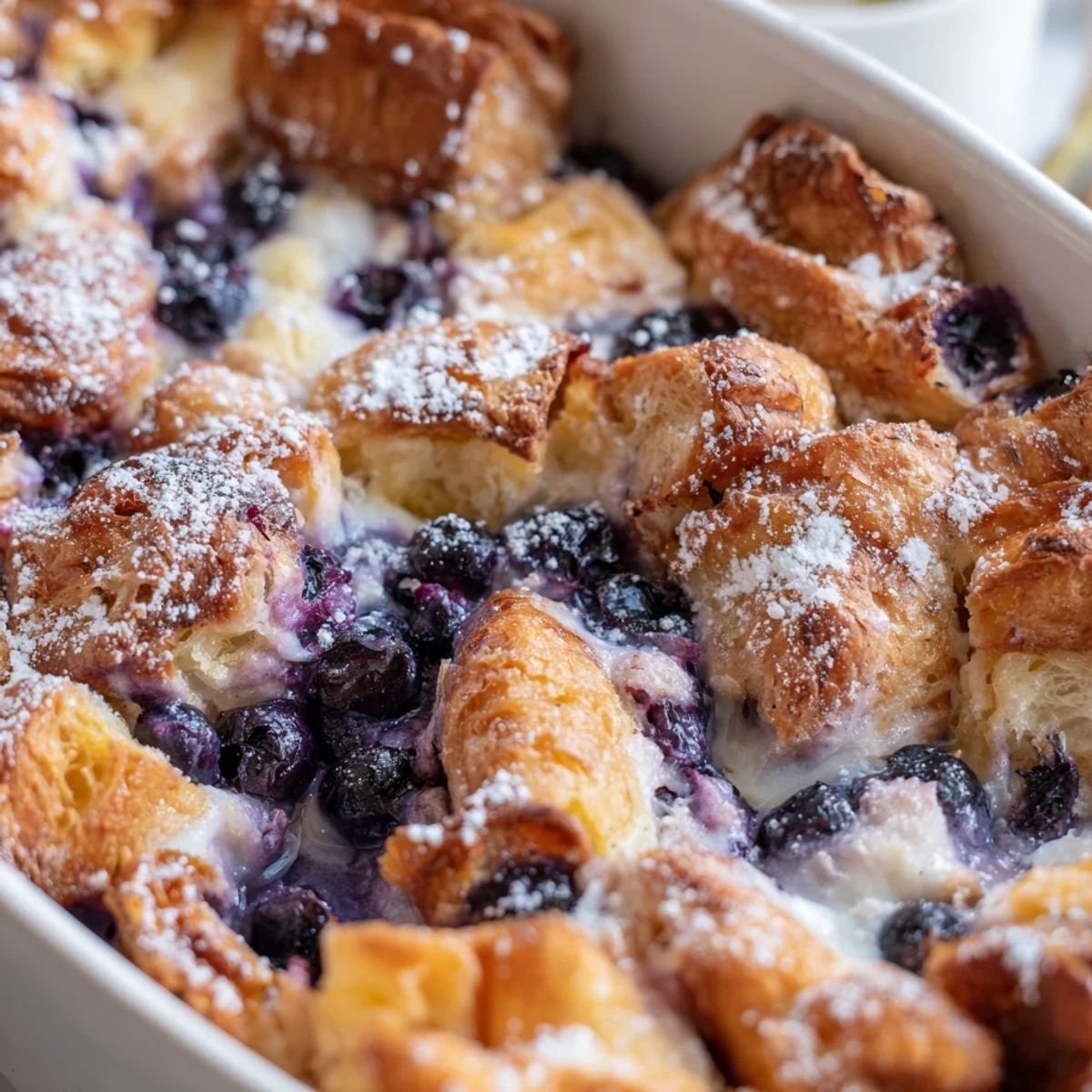 Golden blueberry cream cheese croissant casserole with powdered sugar dusting on top