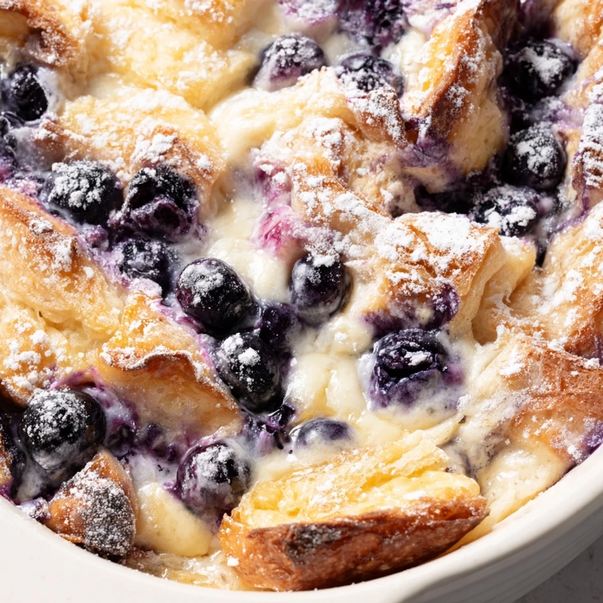 Baked breakfast dish featuring buttery croissants, cream cheese custard, and bursting blueberries