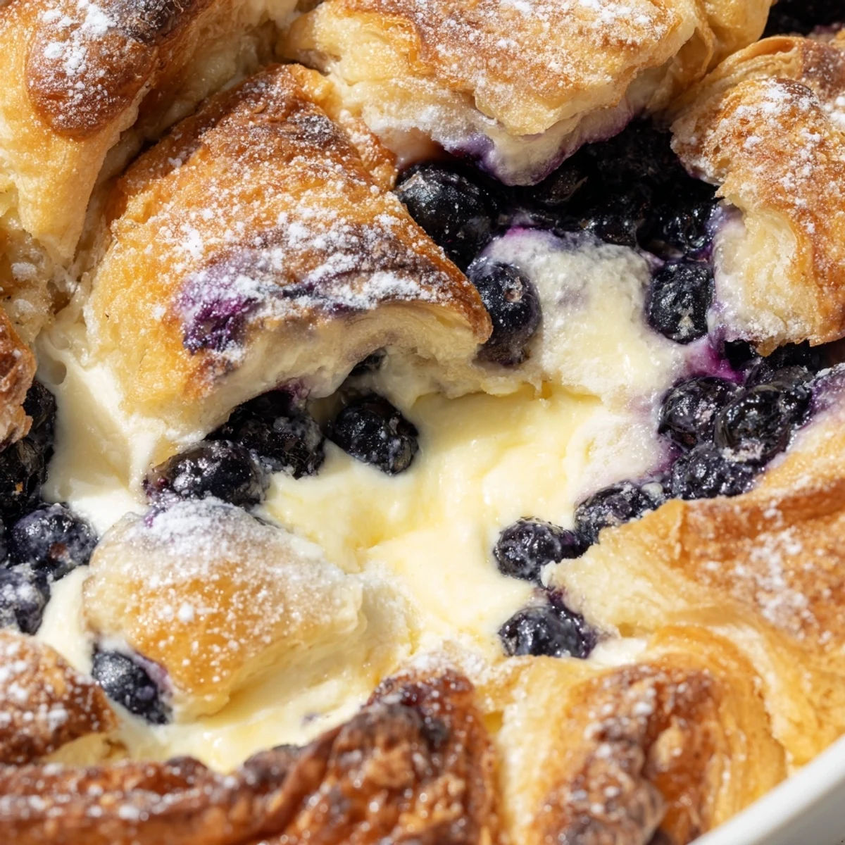 Warm blueberry cream cheese croissant casserole served fresh from the oven for brunch