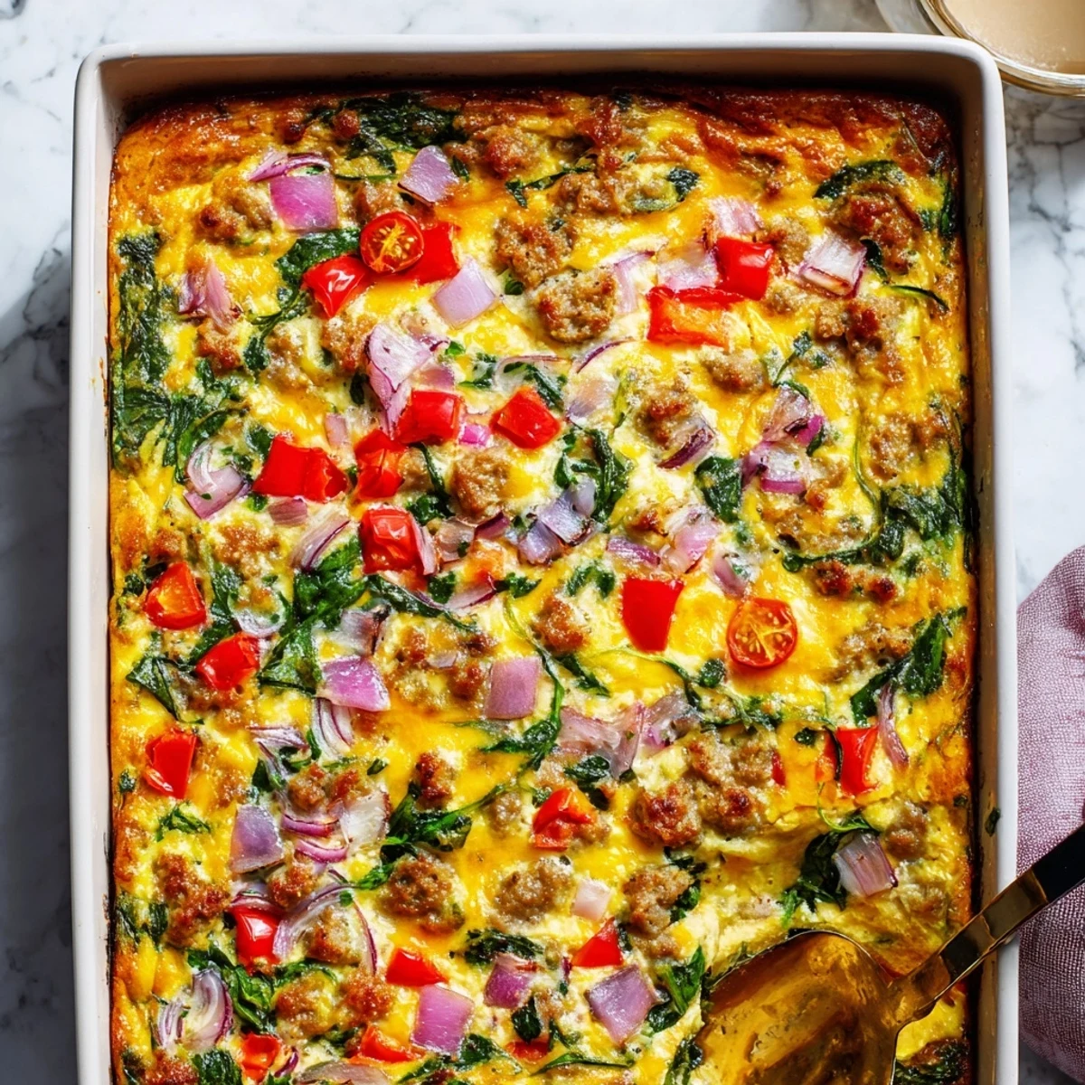Golden high protein egg casserole with melted cheddar and colorful vegetables in a baking dish