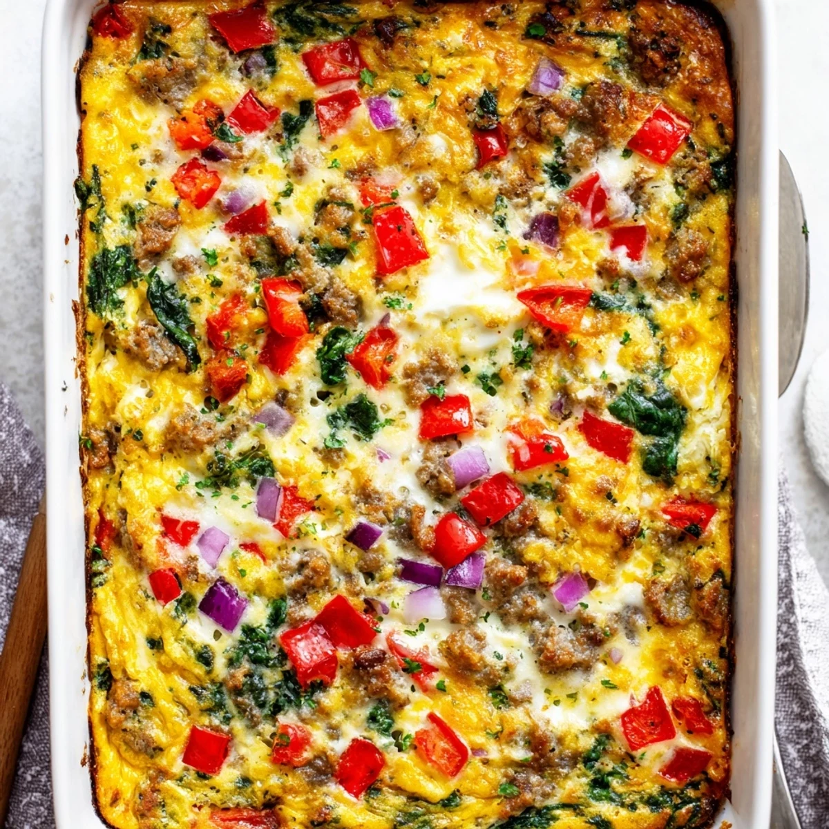 Savory breakfast high protein egg casserole sliced into squares featuring turkey sausage and spinach