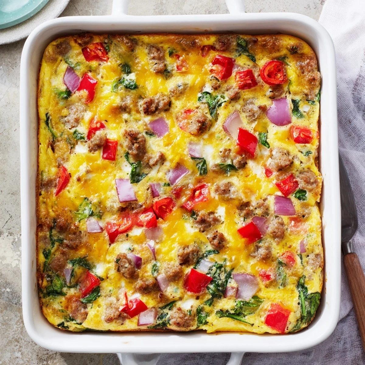 Fluffy baked high protein egg casserole topped with cheese and ripe cherry tomato halves