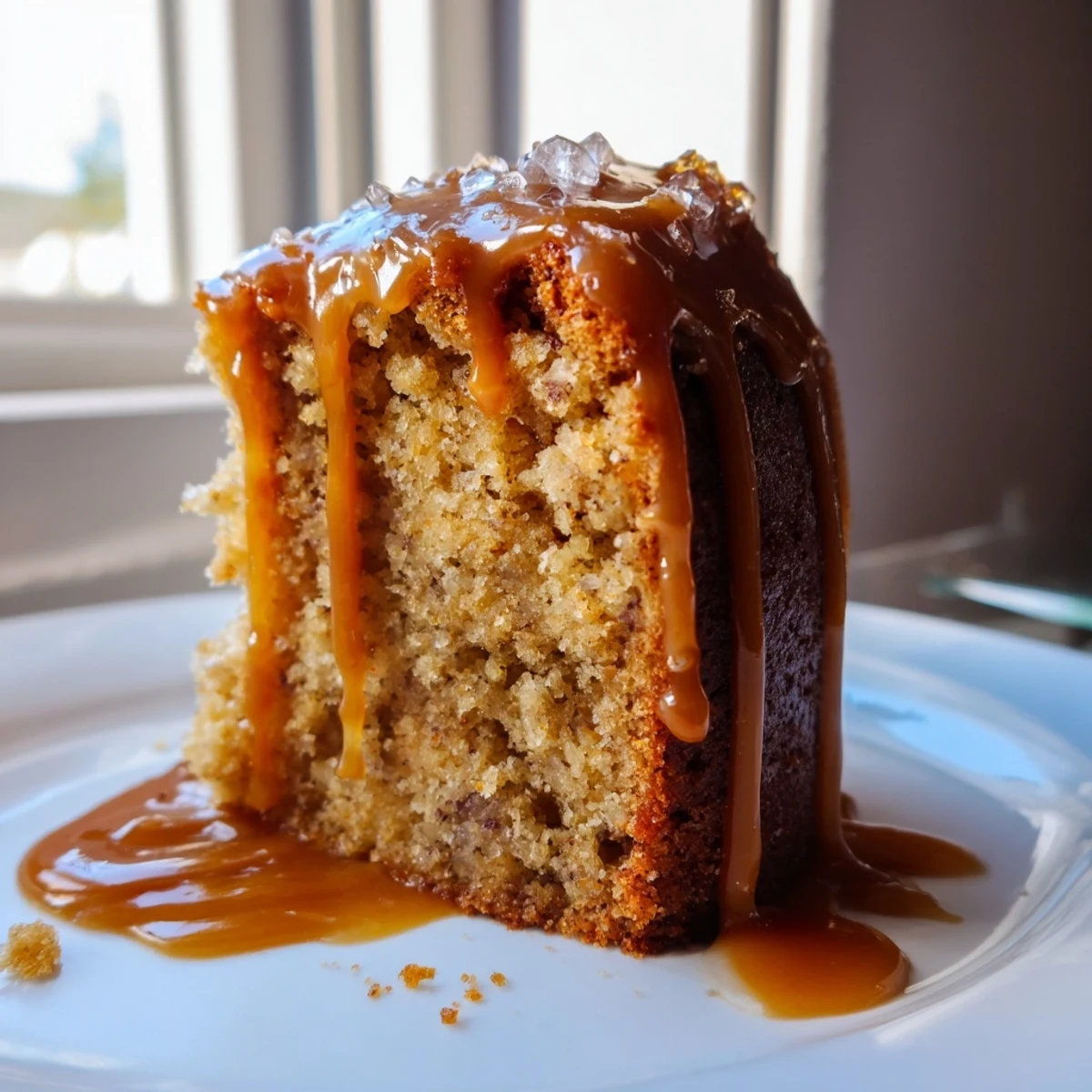 Golden salted caramel brown butter banana cake with rich caramel sauce drizzled over a moist slice