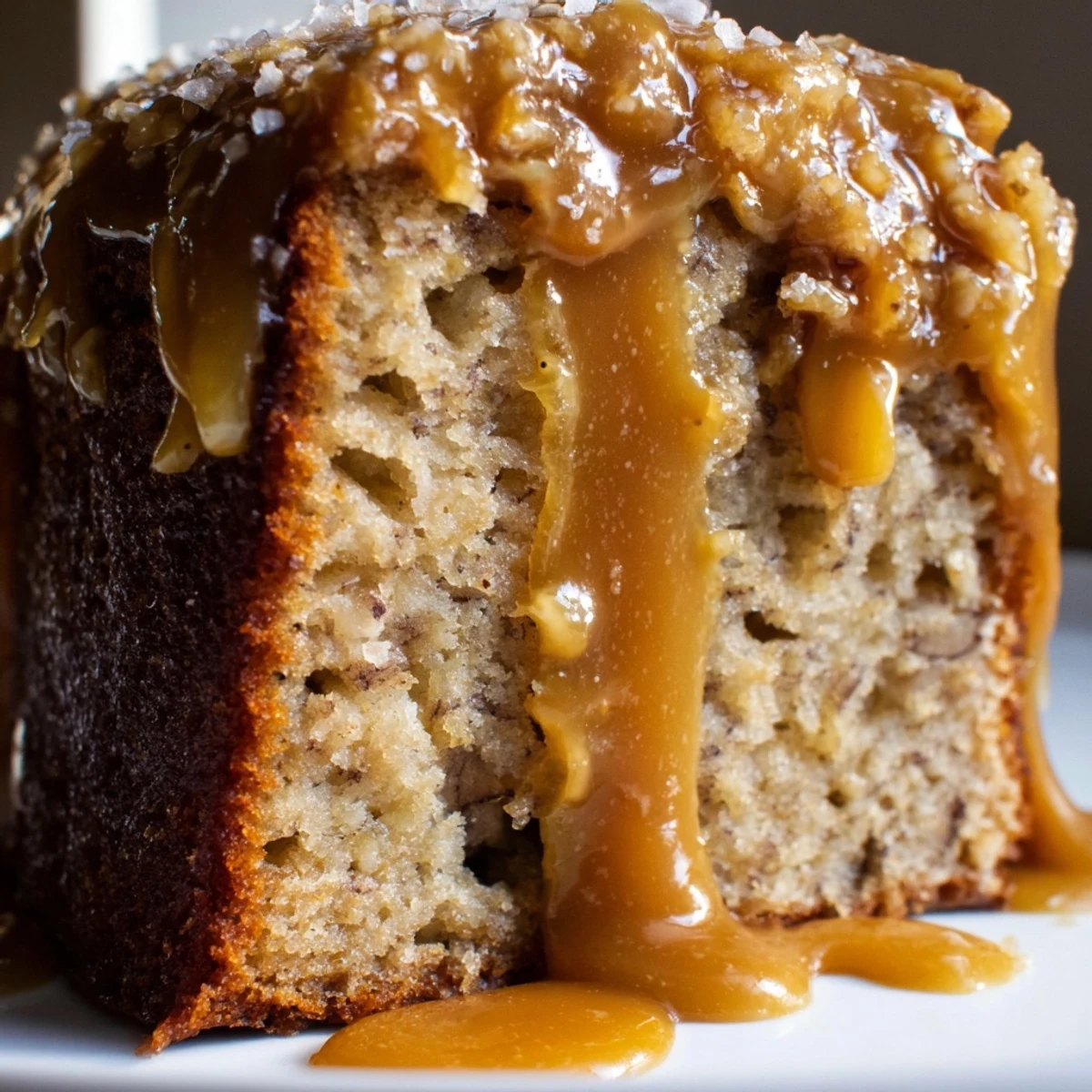 Moist brown butter banana cake topped with luscious salted caramel sauce and fresh banana slices