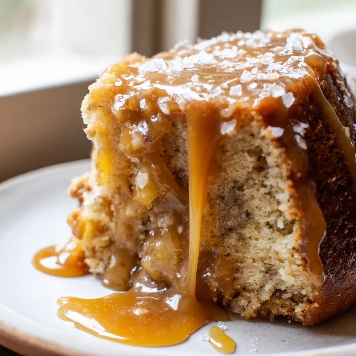 Decadent salted caramel brown butter banana cake served with creamy vanilla ice cream and extra caramel drizzle