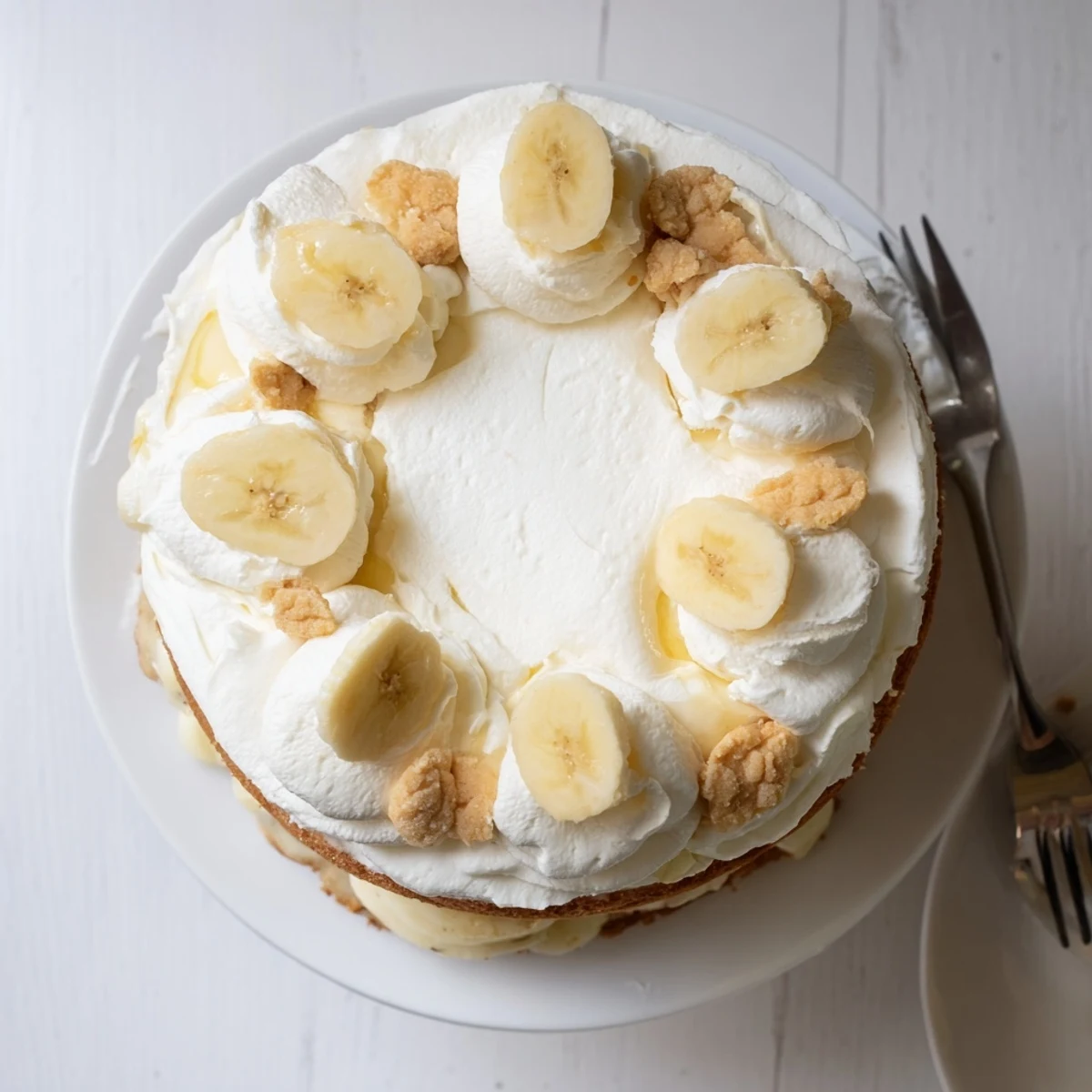 Golden banana pudding cake slice with whipped cream, vanilla wafers, and fresh banana topping