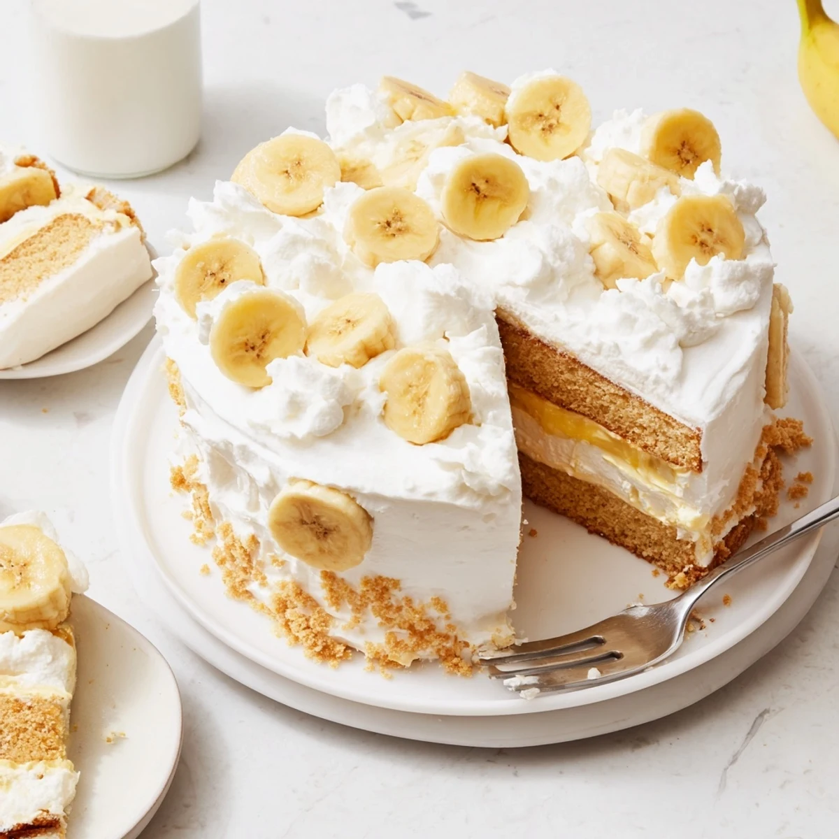 Decadent layered banana pudding cake topped with fluffy whipped cream, sliced bananas, and vanilla wafers