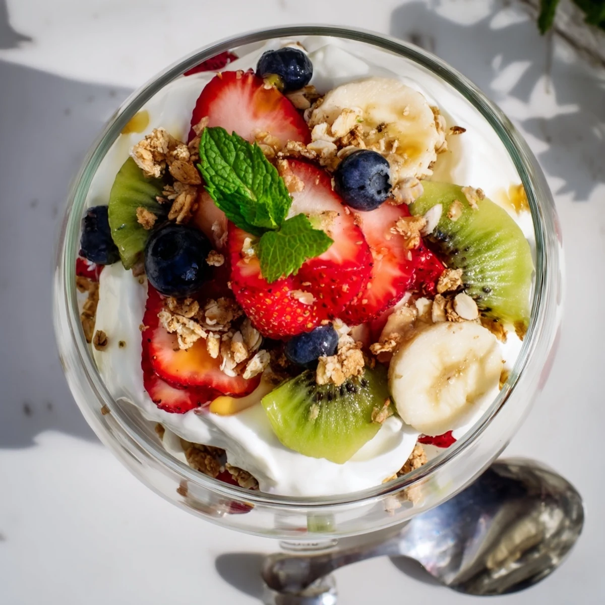 Layered yogurt parfait recipe with honey and fresh fruits in clear glass bowls