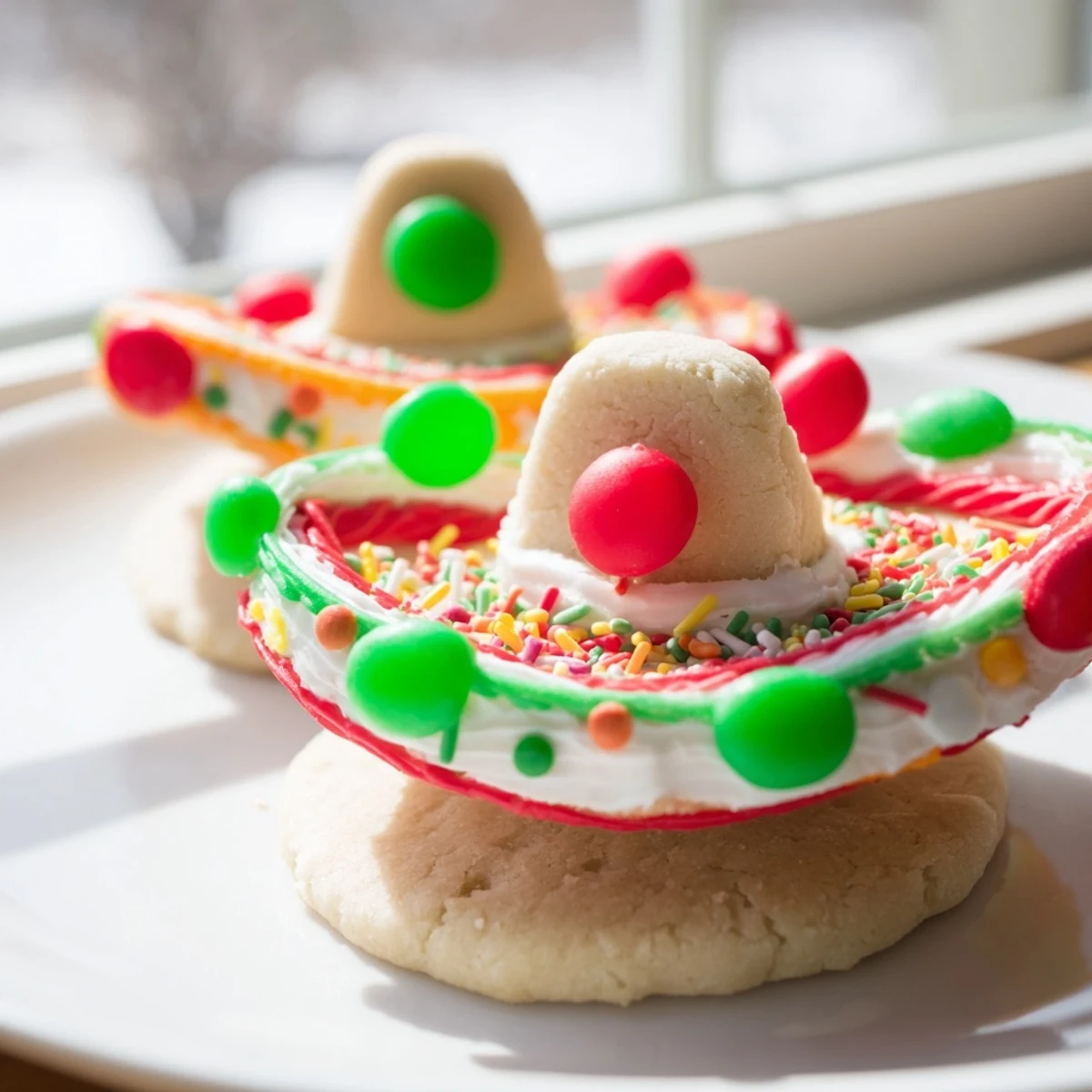 Colorful Cinco De Mayo sombrero cookies topped with bright gumdrops and sprinkles on a white plate