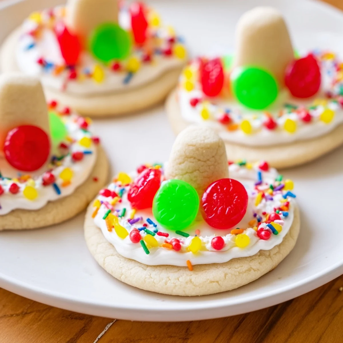 Festive Mexican sombrero sugar cookies decorated with vibrant icing and candies for a fun holiday dessert